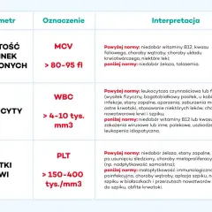 Tabela interpretacji wyników badań krwi. Wiersz "LEUKOCYTY" wskazuje, że poniżej normy (poniżej 4-10 tys./mm3) mogą oznaczać niedobór witaminy B12 lub kwasu foliowego, co jest niepokojące.