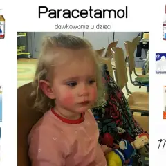 Mała dziewczynka z zaczerwienionymi policzkami obok leków z paracetamolem dla dzieci.