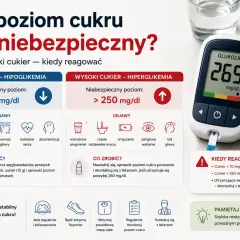 Niski cukier (<70 mg/dl) wymaga natychmiastowej reakcji, np. spożycia glukozy. Wysoki cukier (>250 mg/dl) wymaga nawodnienia i konsultacji z lekarzem.