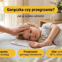 Dziecko leży w łóżku, ręka rodzica na jego czole. Obok termometr. Informacja o tym, jak odróżnić gorączkę od przegrzania u dziecka.