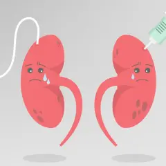 Smutne nerki z kroplówką i strzykawką. Ilustracja symbolizująca kłębuszkowe zapalenie nerek i leczenie.