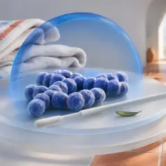 Badanie GBS w ciąży: wymaz z bakteriami pod niebieską kopułą, obok patyczek i liść.