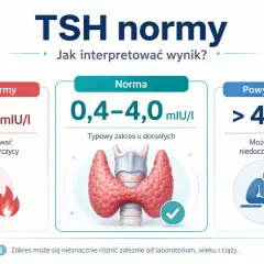 Guzki na tarczycy a hormony w normie. Wykres pokazuje normy TSH: poniżej, w normie (0,4-4,0 mIU/I) i powyżej.