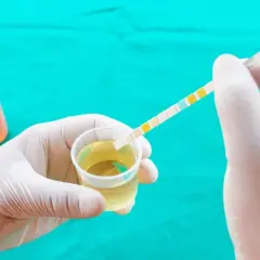 Rękawiczka medyczna zanurza pasek testowy w próbce moczu, aby sprawdzić obecność pasm śluzu.