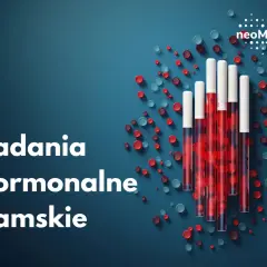 Badania hormonalne damskie. W probówkach krew, symbolizująca zdrowie i równowagę hormonalną.