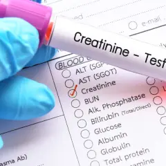 Rękawiczka w niebieskiej rękawiczce trzyma probówkę z napisem "Creatinine - Test". Obok zaznaczono "Creatinine" na formularzu badań.