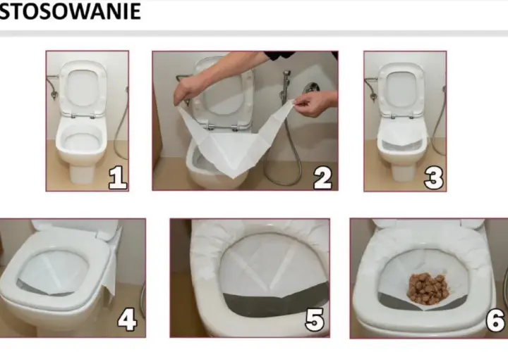 Instrukcja jak pobrać kał do badania: rozłóż papier w toalecie, zbierz próbkę, a następnie wyrzuć papier.