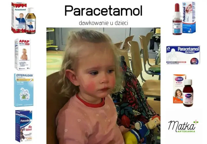 Mała dziewczynka z zaczerwienionymi policzkami obok leków z paracetamolem dla dzieci.