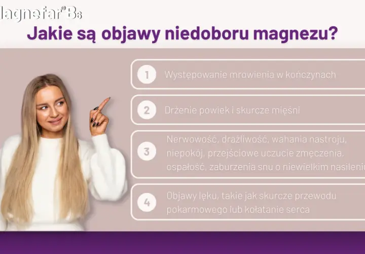 Kobieta wskazuje na objawy niedoboru magnezu: mrowienie, drżenie powiek, nerwowość, lęk.