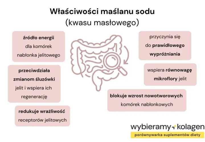 Maślan sodu na co pomaga? To źródło energii dla komórek jelitowych, wspiera prawidłowe wypróżnianie i równowagę mikroflory.
