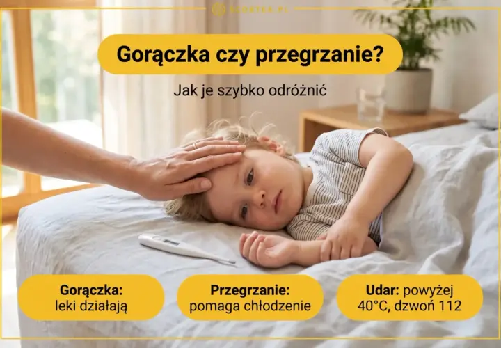 Dziecko leży w łóżku, ręka rodzica na jego czole. Obok termometr. Informacja o tym, jak odróżnić gorączkę od przegrzania u dziecka.