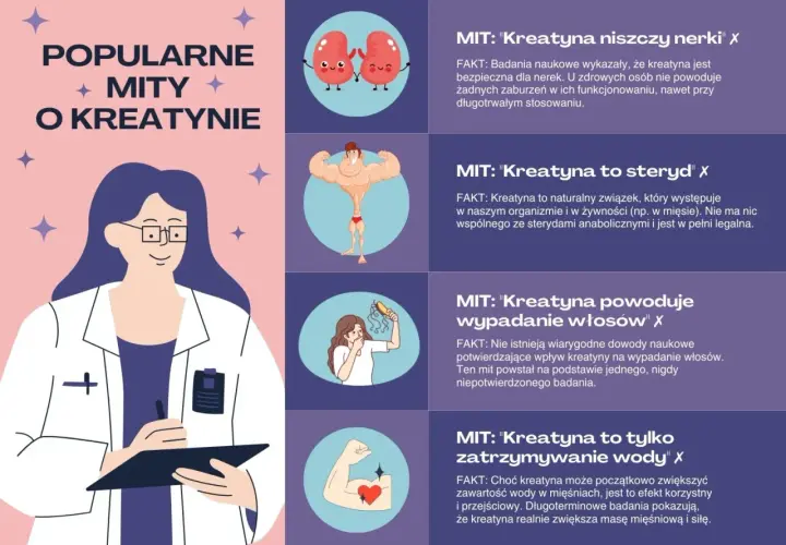 Kreatyna co daje? Rozwiewa mity: nie niszczy nerek, nie jest sterydem, nie powoduje łysienia. Zwiększa masę mięśniową i siłę.
