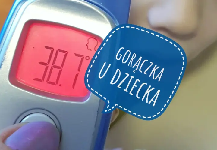 Termometr pokazuje 38.7°C. Na niebieskiej chmurce napis: "Gorączka u dziecka".