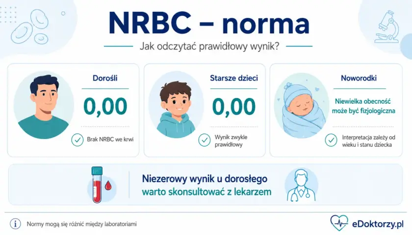 Normy NRBC: u dorosłych i starszych dzieci 0,00. U noworodków niewielka obecność może być fizjologiczna. Niezerowy wynik u dorosłego warto skonsultować z lekarzem.