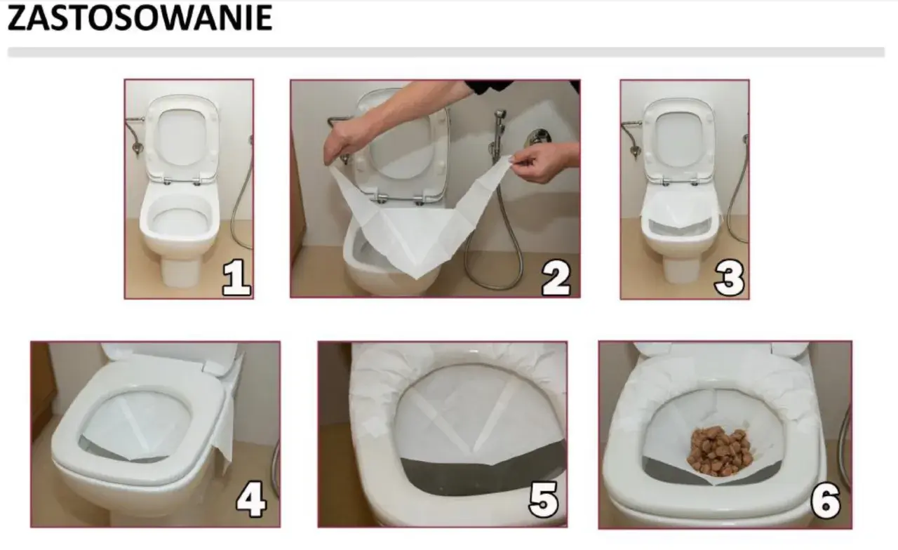 Instrukcja jak pobrać kał do badania: rozłóż papier w toalecie, zbierz próbkę, a następnie wyrzuć papier.