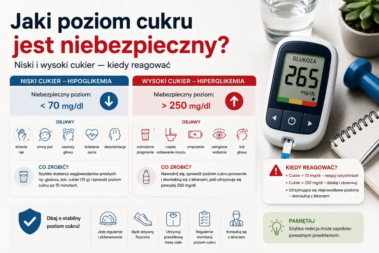 Niski cukier (<70 mg/dl) wymaga natychmiastowej reakcji, np. spożycia glukozy. Wysoki cukier (>250 mg/dl) wymaga nawodnienia i konsultacji z lekarzem.