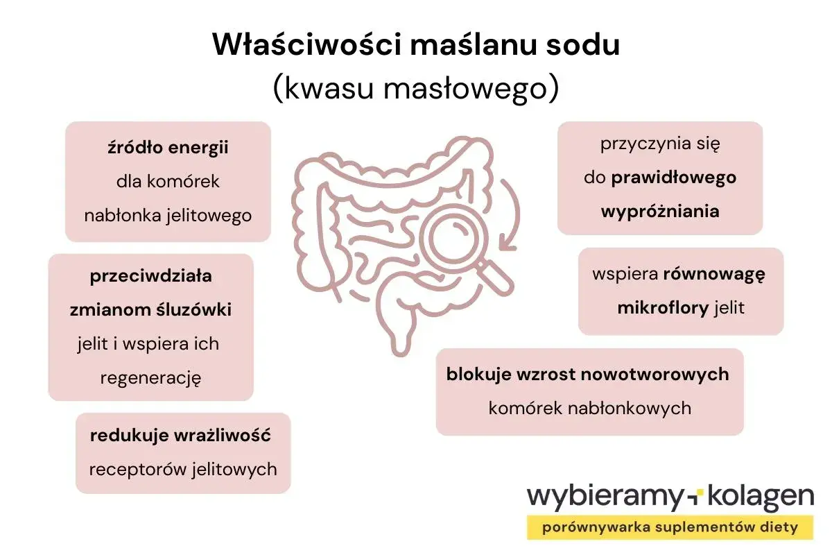 Maślan sodu na co pomaga? To źródło energii dla komórek jelitowych, wspiera prawidłowe wypróżnianie i równowagę mikroflory.
