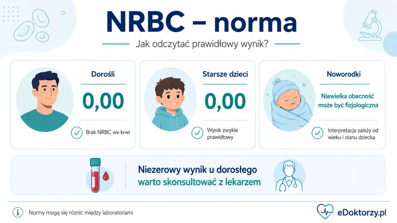 Normy NRBC: u dorosłych i starszych dzieci 0,00. U noworodków niewielka obecność może być fizjologiczna. Niezerowy wynik u dorosłego warto skonsultować z lekarzem.