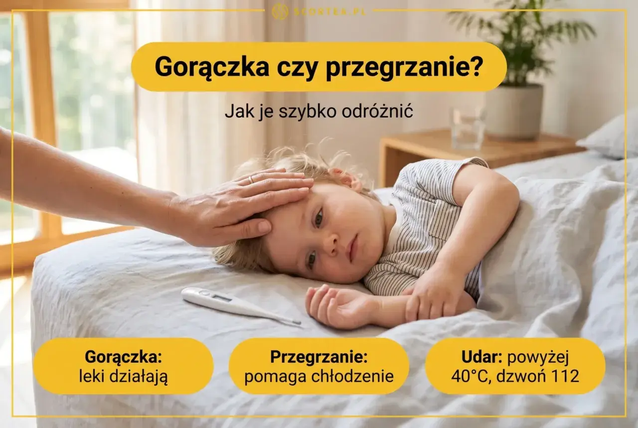 Dziecko leży w łóżku, ręka rodzica na jego czole. Obok termometr. Informacja o tym, jak odróżnić gorączkę od przegrzania u dziecka.