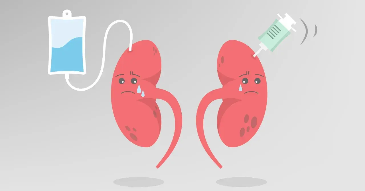 Smutne nerki z kroplówką i strzykawką. Ilustracja symbolizująca kłębuszkowe zapalenie nerek i leczenie.