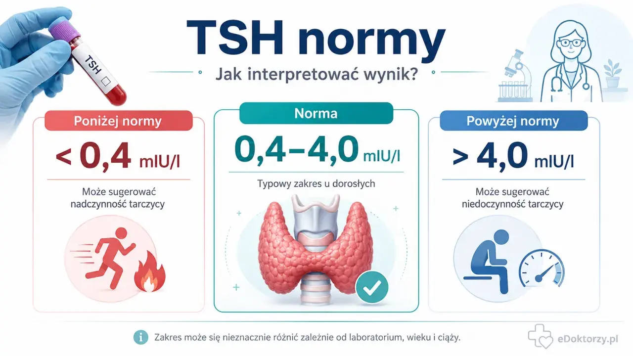 Guzki na tarczycy a hormony w normie. Wykres pokazuje normy TSH: poniżej, w normie (0,4-4,0 mIU/I) i powyżej.