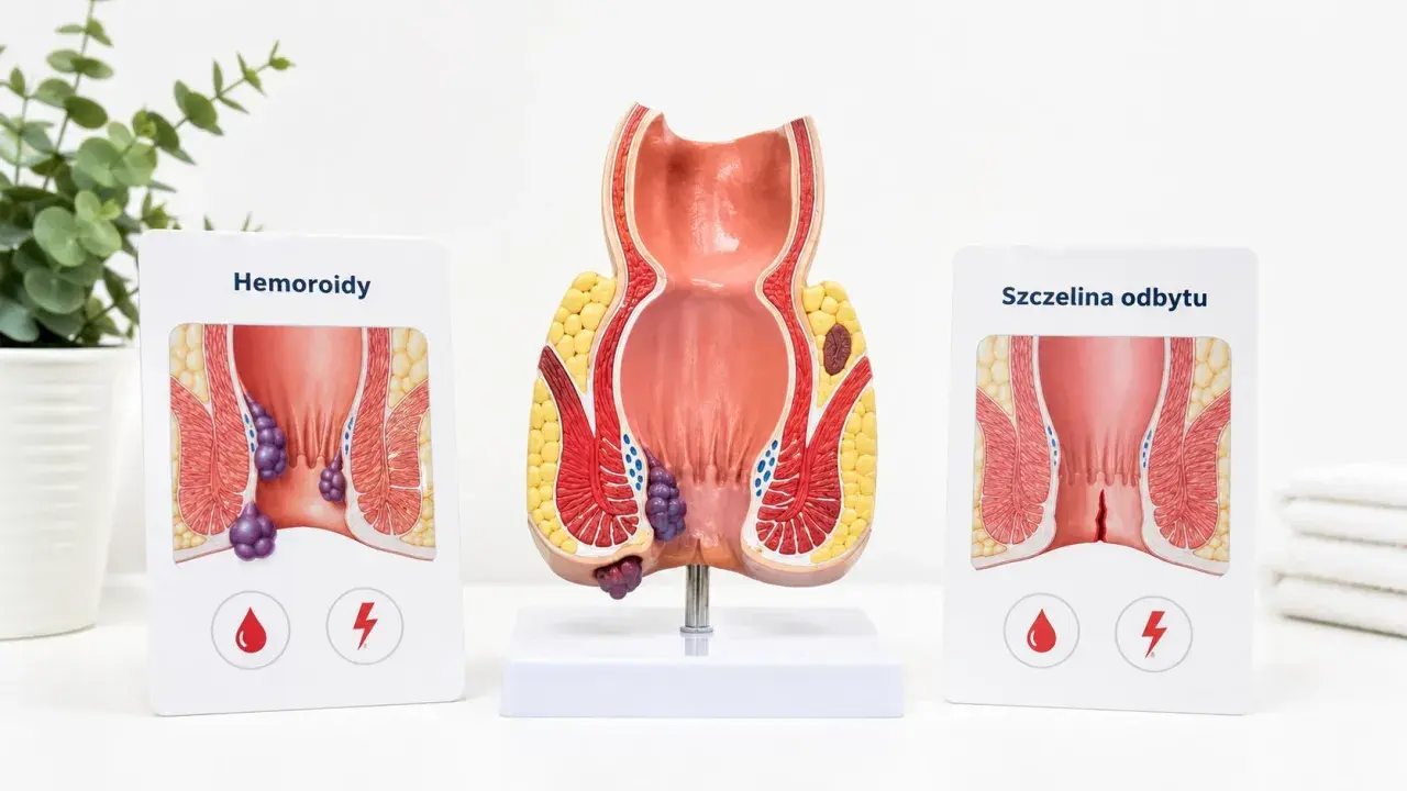 Model anatomiczny przedstawia hemoroidy i szczelinę odbytu, ukazując objawy tych schorzeń.