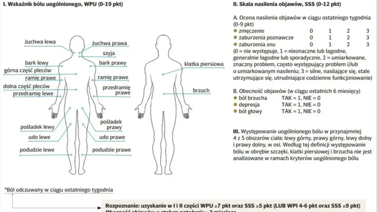 Schemat ciała z zaznaczonymi obszarami bólu, pomocny w ocenie fibromialgii. Co to jest fibromialgia?
