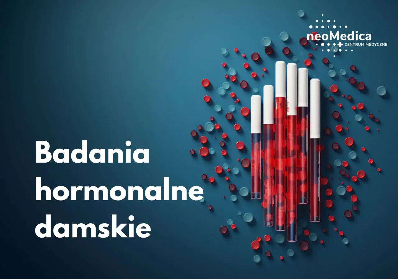 Badania hormonalne damskie. W probówkach krew, symbolizująca zdrowie i równowagę hormonalną.