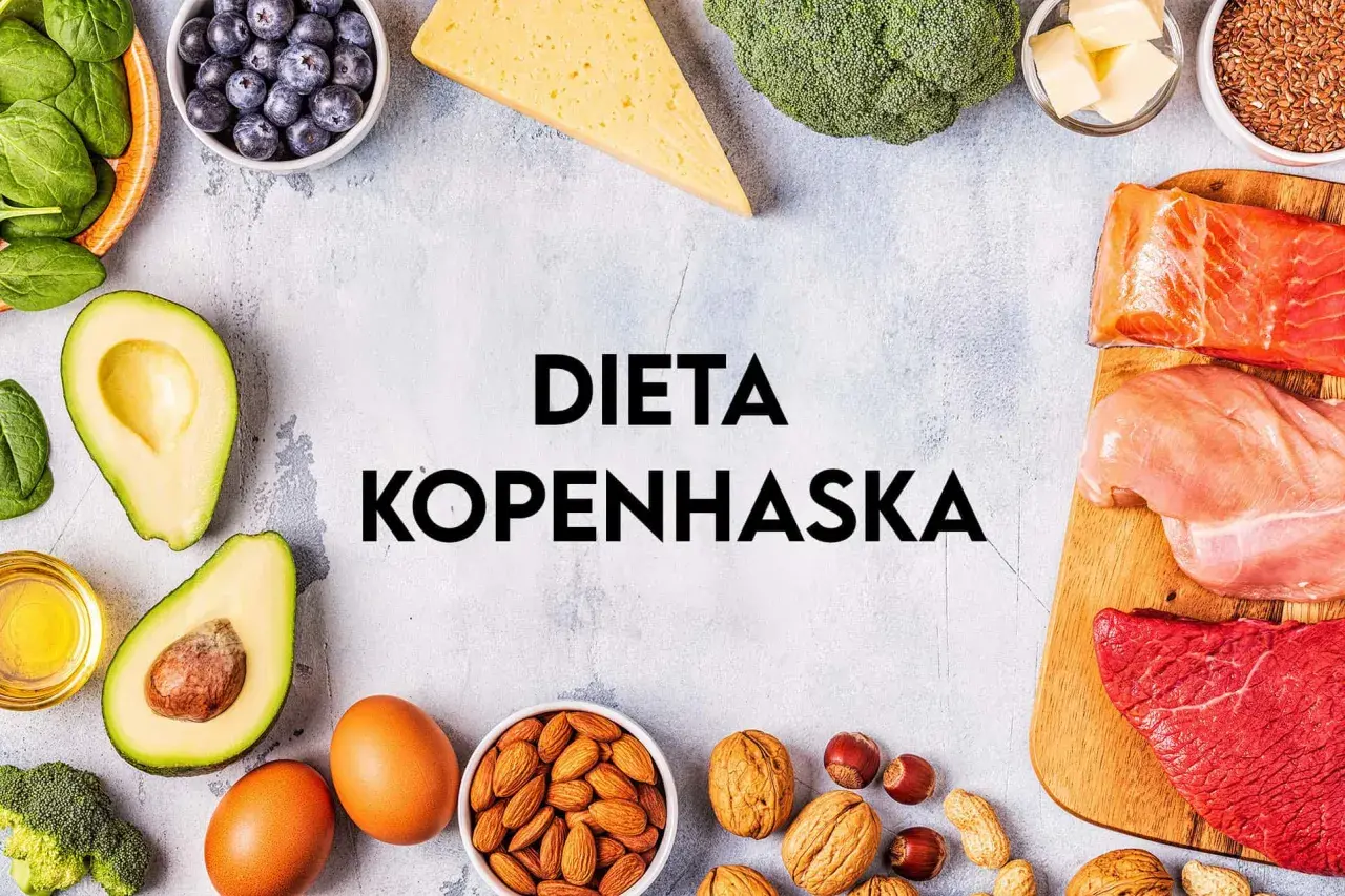 Składniki na dietę kopenhaską: łosoś, kurczak, wołowina, jajka, awokado, szpinak, brokuły, orzechy, migdały, ser, masło, oliwa, siemię lniane.
