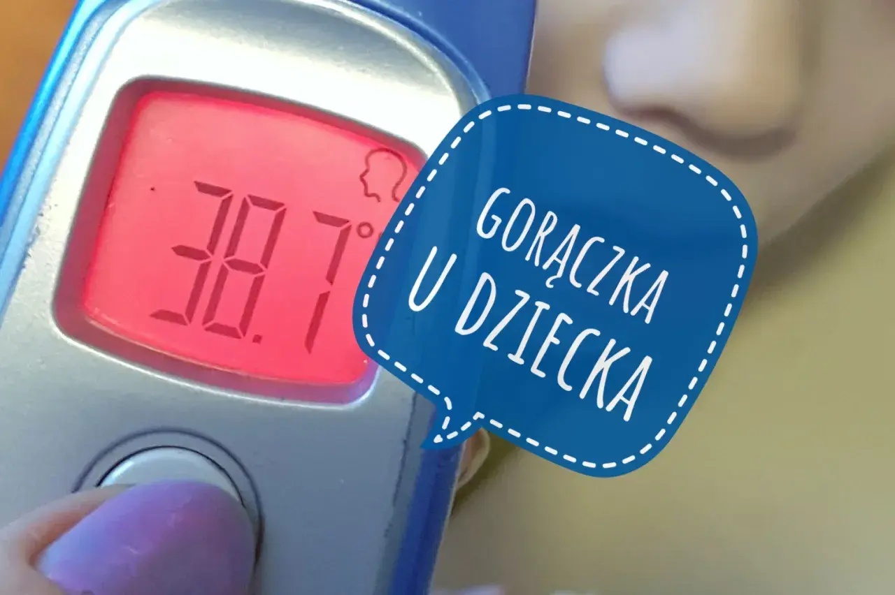 Termometr pokazuje 38.7°C. Na niebieskiej chmurce napis: "Gorączka u dziecka".