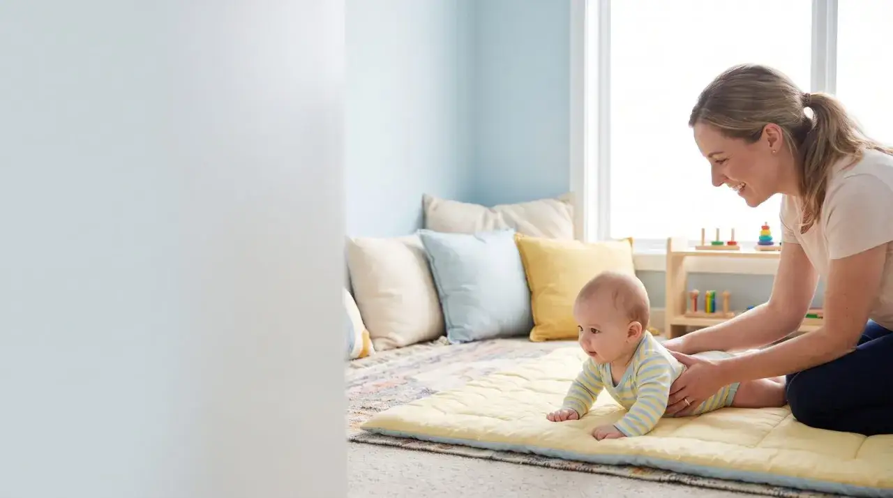 Mama wspiera dziecko na macie, obserwując jego pierwsze próby raczkowania. To piękne chwile skoków rozwojowych dziecka.