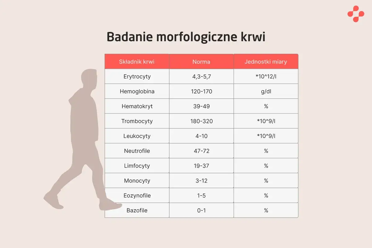 Tabela z badaniem morfologicznym krwi, pokazująca normy dla erytrocytów, hemoglobiny, hematokrytu, trombocytów, leukocytów i innych. MCHC co to jest? To wskaźnik, którego nie ma w tej tabeli.