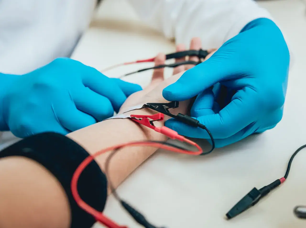 Lekarz w niebieskich rękawiczkach podłącza elektrody do ręki pacjenta. To badanie EMG, kt&oacute;re pozwala ocenić funkcję nerw&oacute;w i mięśni.