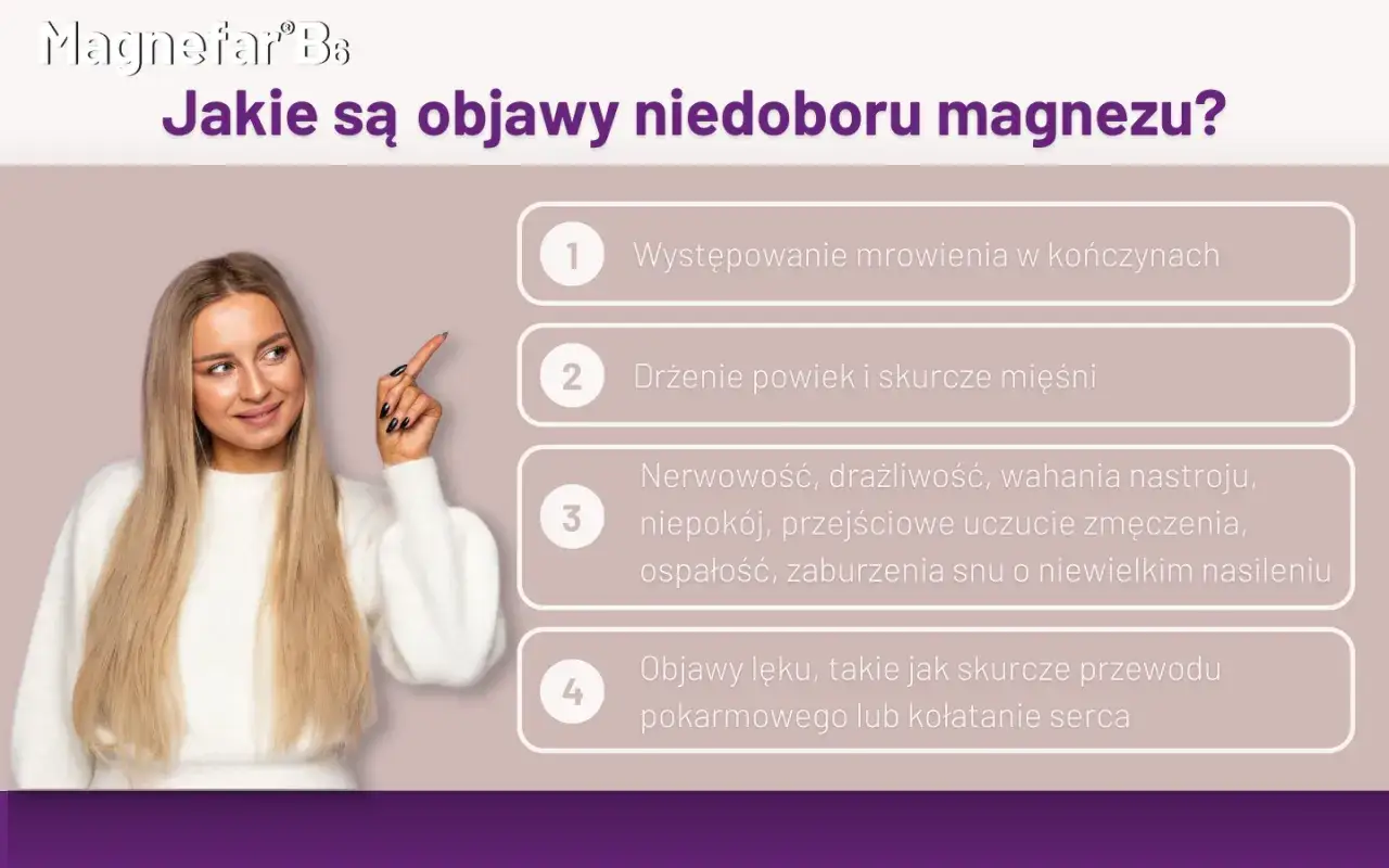 Kobieta wskazuje na listę objawów niedoboru magnezu: mrowienie, drżenie powiek, nerwowość, lęk.